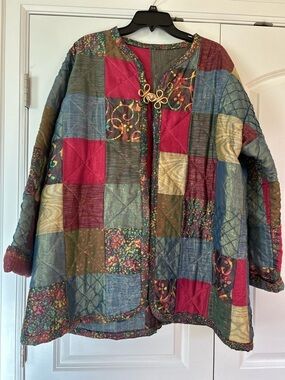 Vtg Bohemian Quilted Asian Inspired Patchwork Oversized 1 Button Jacket  Coat